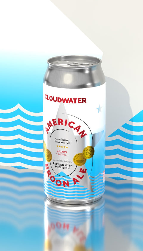 Cloudwater American Broon Ale, comforting seasonal craft beer from Manchester UK. 440ml can with white & blue label and large silver star in the middle