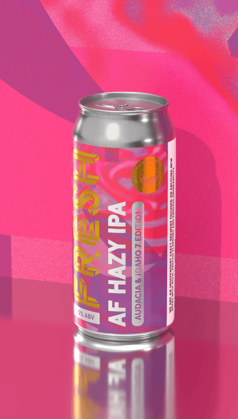 Cloudwater Fresh: Audacia & Idaho 7 - Alcohol Free Hazy IPA, AF Beer can with pink and purple design on a pink background