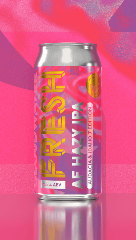 Cloudwater Fresh: Audacia & Idaho 7 - Alcohol Free Hazy IPA, AF Beer can with pink and purple design on a pink background