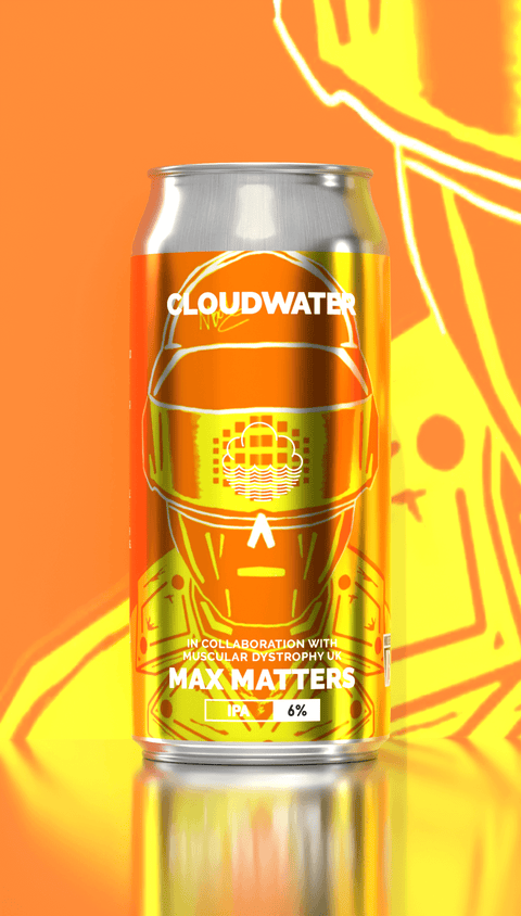 Cloudwater Brewery - Max Matters can in collaboration of Muscular Dystrophy UK. The can artwork depicts an illustration of a humanoid in metallic orange and yellow