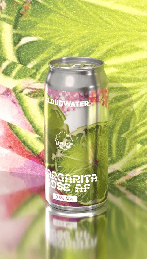 Can of Cloudwater Margarita Gose AF - an alcohol-free sour and salty refreshing drink, with colourful design of stylised and sliced limes and pink grapefruit