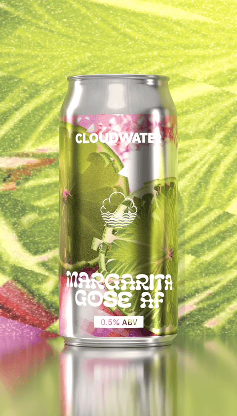 Can of Cloudwater Margarita Gose AF - an alcohol-free sour and salty refreshing drink, with colourful design of stylised and sliced limes and pink grapefruit