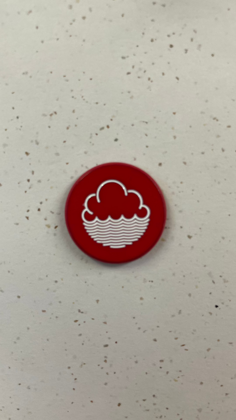 coloured enamel badge with Cloudwater logo - red