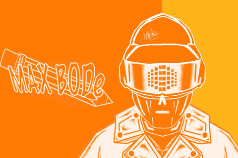 Illustration of a humanoid character in a helmet with 'MAX BODE' text on an orange background