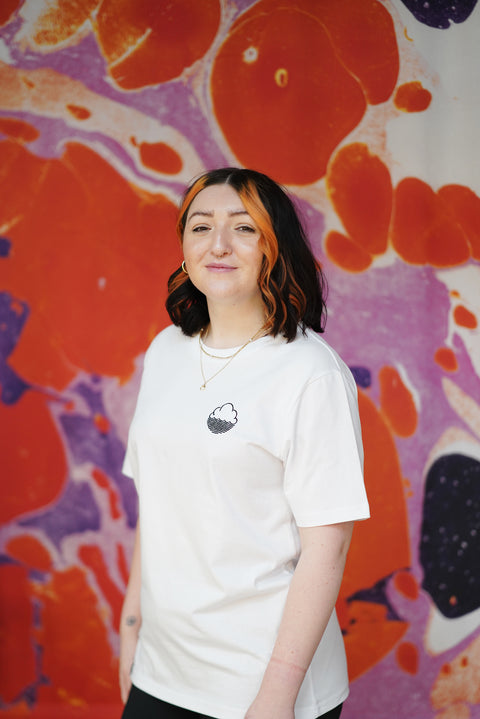 Cloudwater white heavyweight t-shirt. Cloudwater Brew Co. icon in black embroidery on left breast of tee-shirt