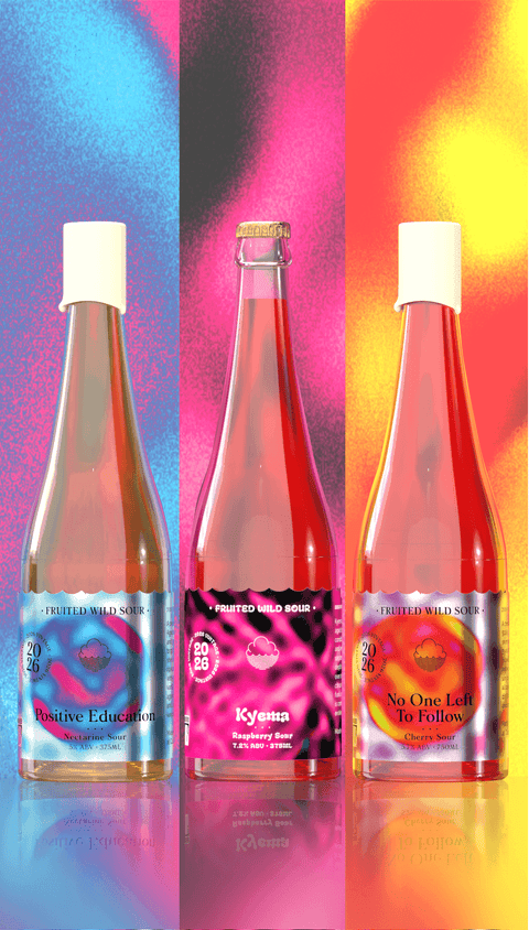 2026 Vintage Fruited Barrel-Aged Beer Mixed 3-Pack from Cloudwater Brew Co. The pack contains: No One Left To Follow | Barrel-Aged Sour Beer with Cherry (5% ABV), Positive Education | Barrel-Aged Sour Beer with Nectarine (5% ABV) and Kyema | Wine Barrel-Aged Sour with Raspberries (7.2% ABV)