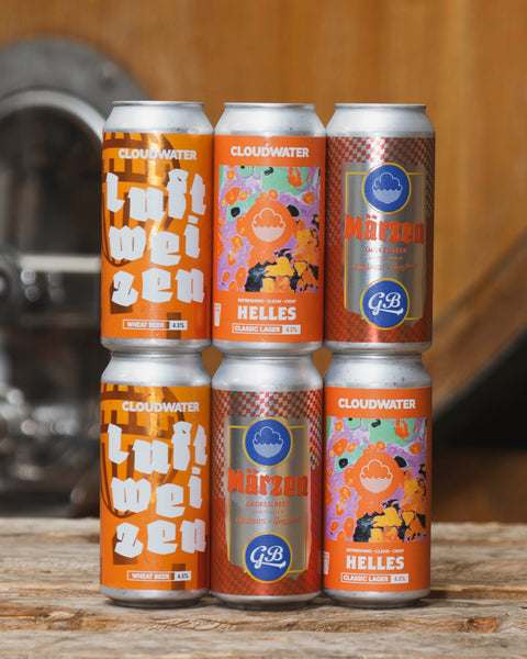 Collection of Cloudwater german style beers including a wheat beer, a smoked marzen and a helles