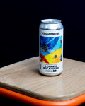A can of A Chair Is Not A House pale ale by Cloudwater Brew Co, sat on a wooden surface with a black background