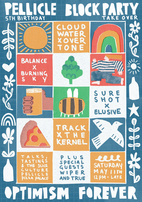 Manchester Beer Mile Block Party May 2024, celebrating 5 years of Pellicle magazine, with Balance x Burning Sky, Cloudwater x Overtone, Sureshot x Elusive  and Track x The Kernel. Featuring talks, tastings and DJs