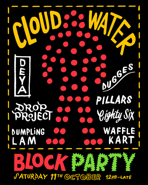 Promotional poster for Cloudwater's Block Party in October 2025 featuring guest breweries, food traders and DJs