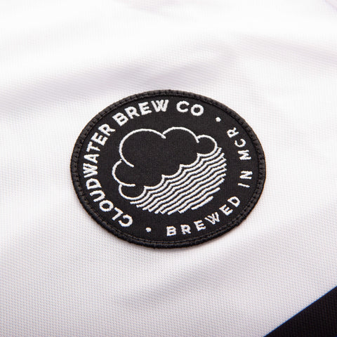Embroidered Cloudwater Brew Co logo on a white Cloudwater Brew x COPA Retro Football Shirt