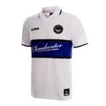 Front of White Cloudwater Brew x COPA Retro Football Shirt sports jersey with blue stripe featuring 'Cloudwater' branding and Copa logo.