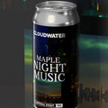 Cloudwater Maple Night Music stout can with a cityscape background