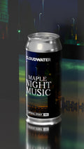 Cloudwater Maple Night Music stout can with a cityscape background