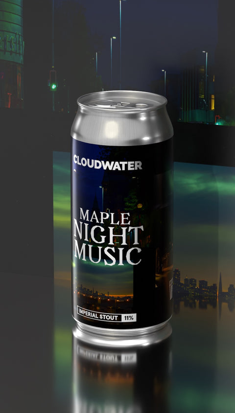 Cloudwater Maple Night Music stout can with a cityscape background
