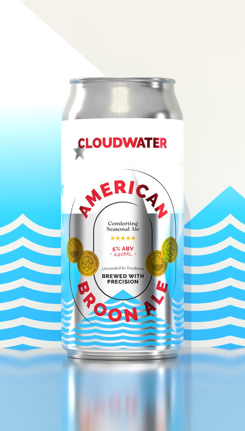 Cloudwater American Broon Ale, comforting seasonal craft beer from Manchester UK. 440ml can with white & blue label and large silver star in the middle