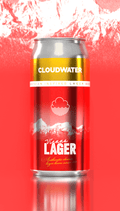 Red can of Cloudwater Vienna Lager with a mountainous background