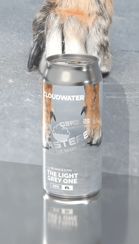 The Light Grey One | Remastered: Bringing back the beers you loved. Picture shows a can of Cloudwater beer with dog legs and paws on a grey background 
