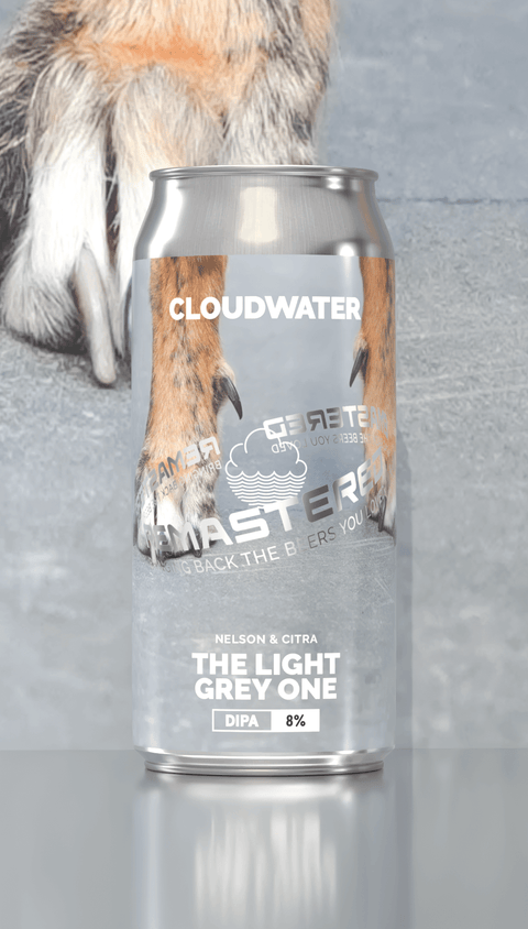 The Light Grey One | Remastered: Bringing back the beers you loved. Picture shows a can of Cloudwater beer with dog legs and paws on a grey background 