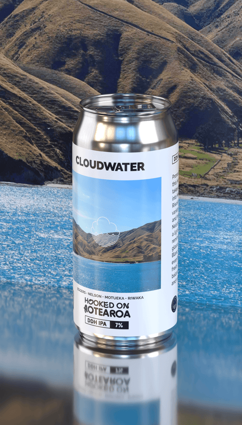 Cloudwater beer can with a scene of Aotearoa, New Zealand. The landscape that inspired Hooked On Aotearoa DDH IPA from Cloudwater Brew Co Manchester