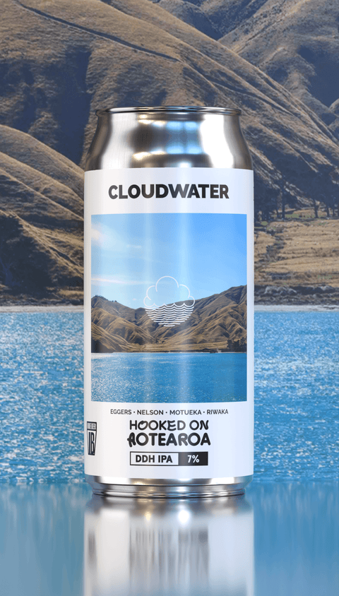 Cloudwater beer can with a scene of Aotearoa, New Zealand. The landscape that inspired Hooked On Aotearoa DDH IPA from Cloudwater Brew Co Manchester