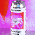 A can of Cloudwater Integrations Dank & Modern Hazy IPA craft beer stands upright on a reflective surface against a vibrant pink and purple background with an orange-red abstract splash. The can features a white label with a pink and red graphic and black text.