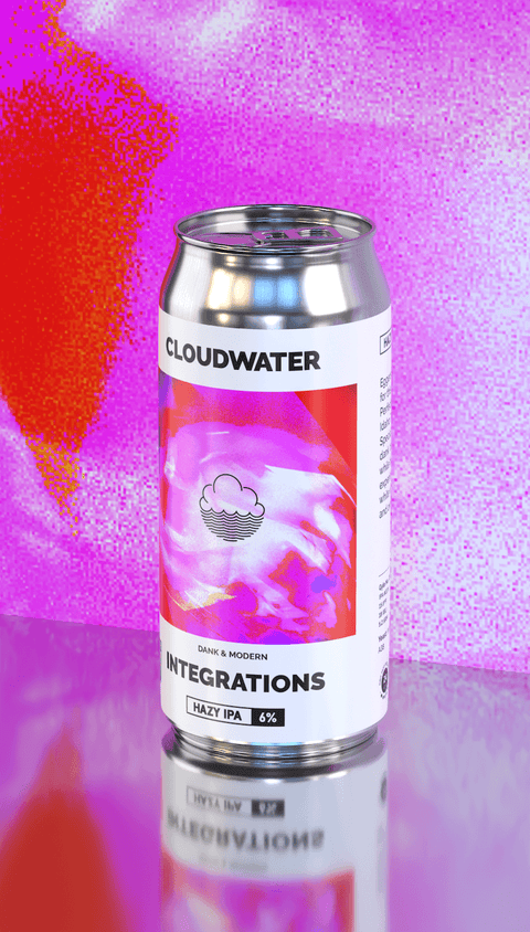 A can of Cloudwater Integrations Dank & Modern Hazy IPA craft beer stands upright on a reflective surface against a vibrant pink and purple background with an orange-red abstract splash. The can features a white label with a pink and red graphic and black text.