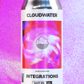 A can of Cloudwater Integrations Dank & Modern Hazy IPA craft beer stands upright on a reflective surface against a vibrant pink and purple background with an orange-red abstract splash. The can features a white label with a pink and red graphic and black text.