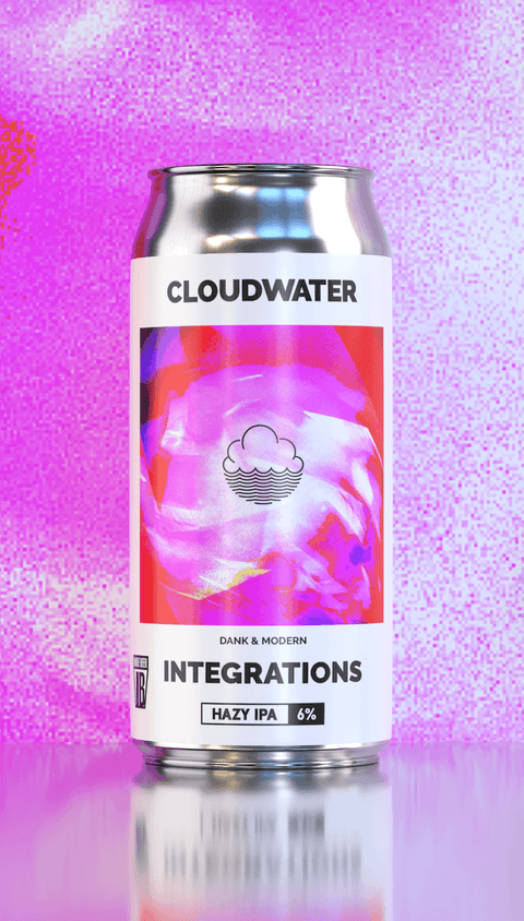 A can of Cloudwater Integrations Dank & Modern Hazy IPA craft beer stands upright on a reflective surface against a vibrant pink and purple background with an orange-red abstract splash. The can features a white label with a pink and red graphic and black text.