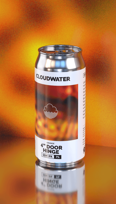 A can of Cloudwater 4" Door Hinge Double Dry-Hopped IPA, containing orange zest and hops that intensify the orangey flavour. The can features a white label with a fiery orange and red graphic, set against a warm, blurred orange background with a clear reflection below.