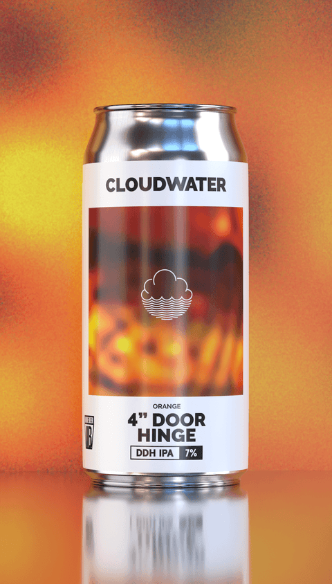 A can of Cloudwater 4" Door Hinge Double Dry-Hopped IPA, containing orange zest and hops that intensify the orangey flavour. The can features a white label with a fiery orange and red graphic, set against a warm, blurred orange background with a clear reflection below.