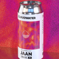 A silver aluminum can of Cloudwater Jaan Pale Ale standing upright on a reflective surface against a textured magenta and orange background.