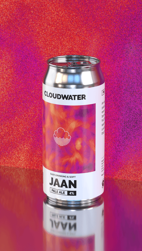 A silver aluminum can of Cloudwater Jaan Pale Ale standing upright on a reflective surface against a textured magenta and orange background.
