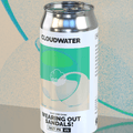 A silver aluminum can of Cloudwater 'Wearing Out Sandals!' Hazy & Dank IPA, featuring a white label with green and beige graphic elements, set against a stylized green and beige background with a clear reflection below.