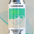 A silver aluminum can of Cloudwater 'Wearing Out Sandals!' Hazy & Dank IPA, featuring a white label with green and beige graphic elements, set against a stylized green and beige background with a clear reflection below.