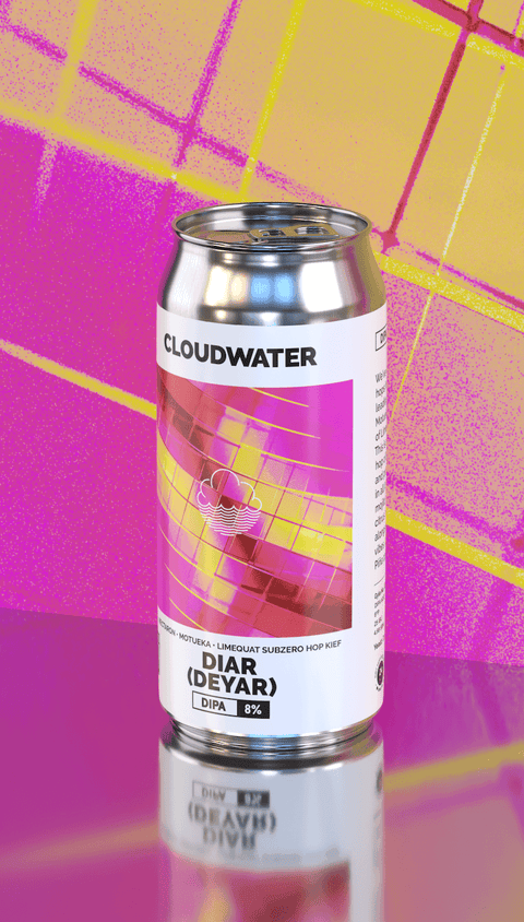 A can of Cloudwater Diar (Deyar) 8% DIPA featuring Nectaron, Motueka and Limequat Subzero Hop Kief on a reflective surface against a vibrant pink and yellow grid background.