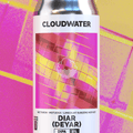 A can of Cloudwater Diar (Deyar) 8% DIPA featuring Nectaron, Motueka and Limequat Subzero Hop Kief on a reflective surface against a vibrant pink and yellow grid background.