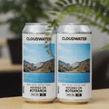 Two Cloudwater beer cans with a landscape photo of Aotearoa, New Zealand. This location inspired Hooked On Aotearoa DDH IPA from Cloudwater Brew Co Manchester