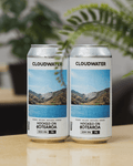 Two Cloudwater beer cans with a landscape photo of Aotearoa, New Zealand. This location inspired Hooked On Aotearoa DDH IPA from Cloudwater Brew Co Manchester