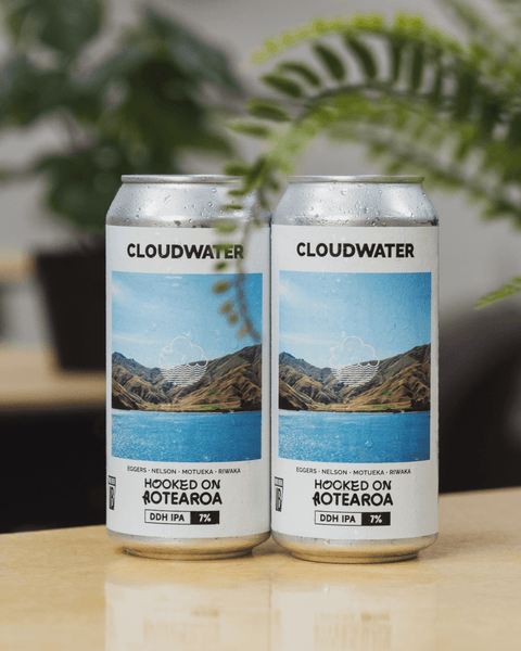 Two Cloudwater beer cans with a landscape photo of Aotearoa, New Zealand. This location inspired Hooked On Aotearoa DDH IPA from Cloudwater Brew Co Manchester