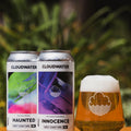 Sunny cans of a pair of West Coast DIPA's sit on a bench beside a lovely clear amber glass of beer