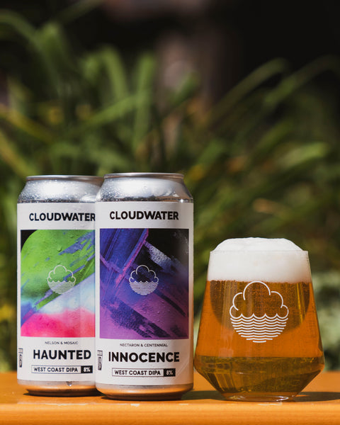 Sunny cans of a pair of West Coast DIPA's sit on a bench beside a lovely clear amber glass of beer