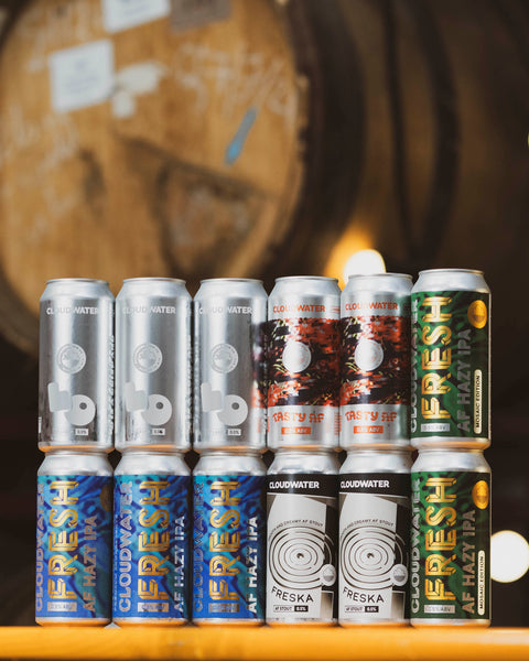 A set of 12 Cloudwater 'AF' (Alcohol-Free) craft beer cans, part of the AF Flavour Of The Label' bundle. The bundle contains 3 cans of Fresh AF Hazy IPA, 2 cans of Fresh: Mosaic Edition AF Hazy IPA, 3 cans of Lo, low-alcohol lager, 2 cans of Tasty AF Cherry & Hibiscus AF Sour and 2 cans of Freska AF Stout