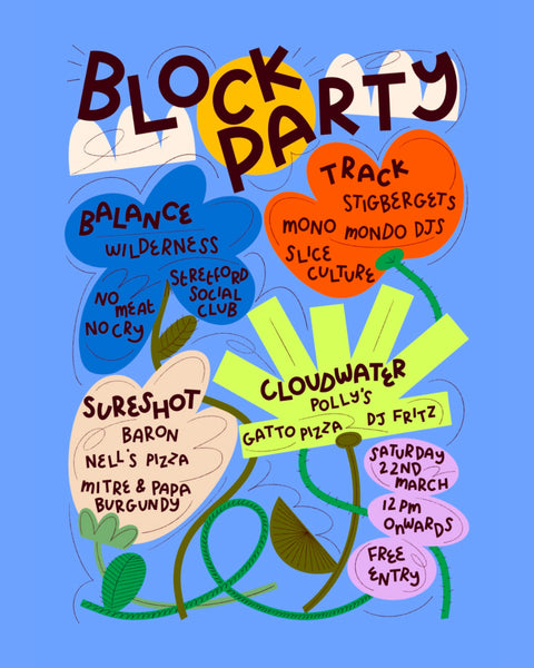 Manchester Beer Mile Block Party Spring 2025, Saturday 22nd March. Poster featuring Balance, Cloudwater, Sureshot and Track breweries. Guest breweries, food traders and DJs at this free event