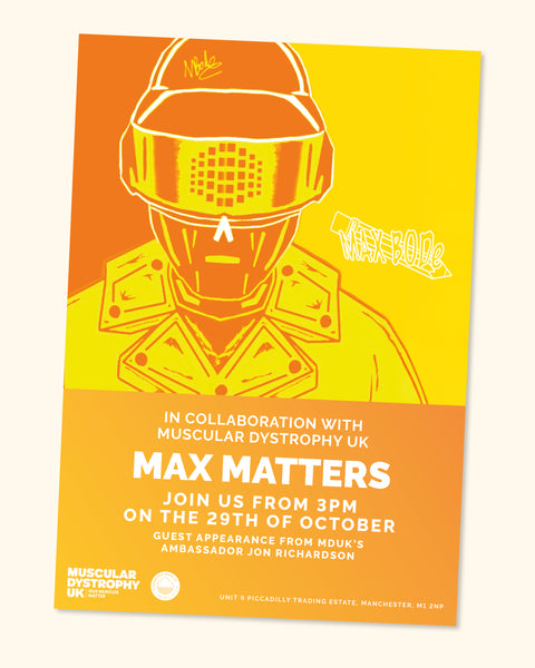 Poster with a robot illustration in aid of Max Matters launch event at Cloudwater Brewery Taproom Manchester in aid of Muscular Dystrophy UK 29th October 2025