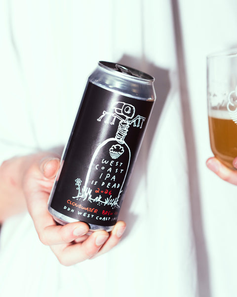 A spoOoOoOky ghost holding West Coast IPA is Dead 2026, in collaboration with Green Cheek
