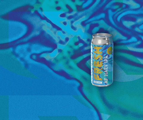 Can of Fresh AF Hazy IPA low-alcohol beer by Cloudwater Brew Co, on a blue and green abstract background