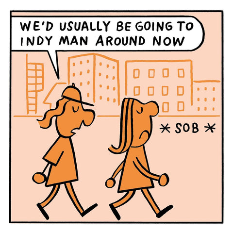 Comic by David Bailey promoting the Manchester Beer Mile Block Party in October 2024