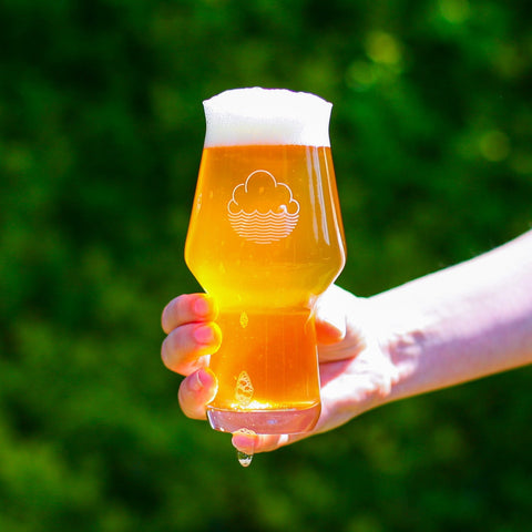Cloudwater branded Craftmaster glass with white logo