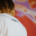 Cloudwater white heavyweight t-shirt. Cloudwater Brew Co. text logo at the top back of tee-shirt
